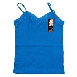 Miss Juli Womens Lace Trim Camisole Cami Blue Seamless Spaghetti Strap Tank Top